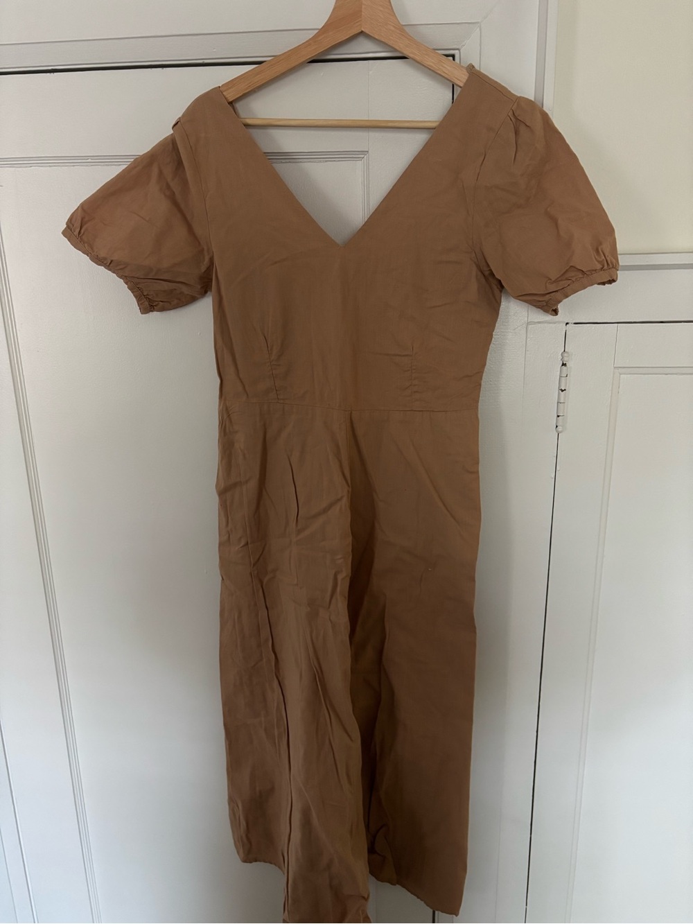 V-Neck Puff Sleeve Midi Dress in Camel